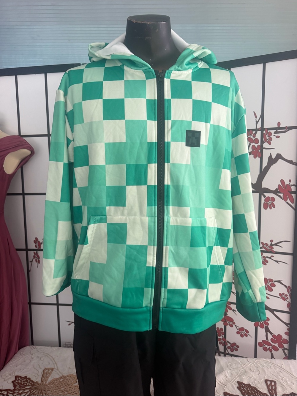 Kids Checkerboard Mint Green Zip-Up Puffer Hoodie